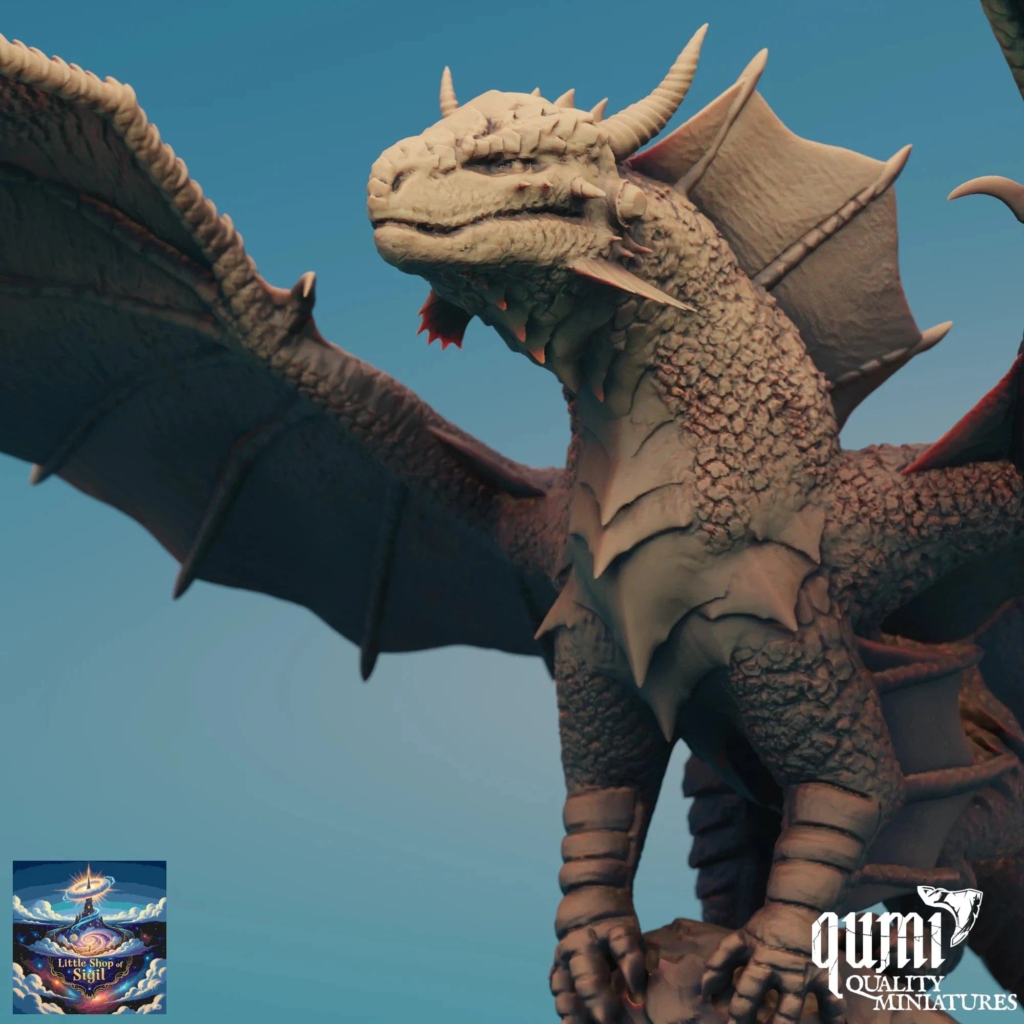 Dragon figurine with detailed scales and wings against a clear blue sky, featuring the brand 'Quality Miniatures'.