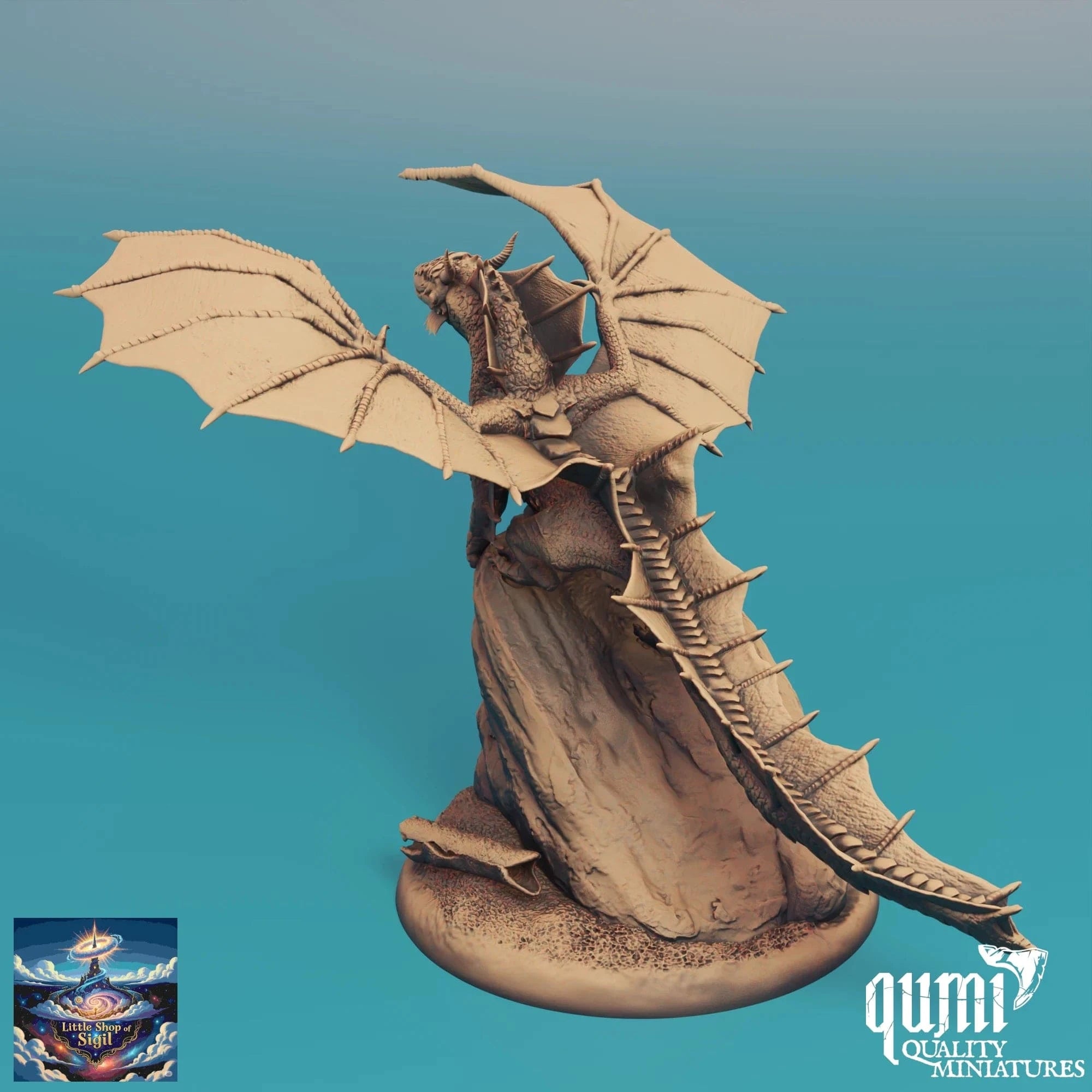 Dragon miniature figurine on a blue background with 'qumi Quality Miniatures' branding.