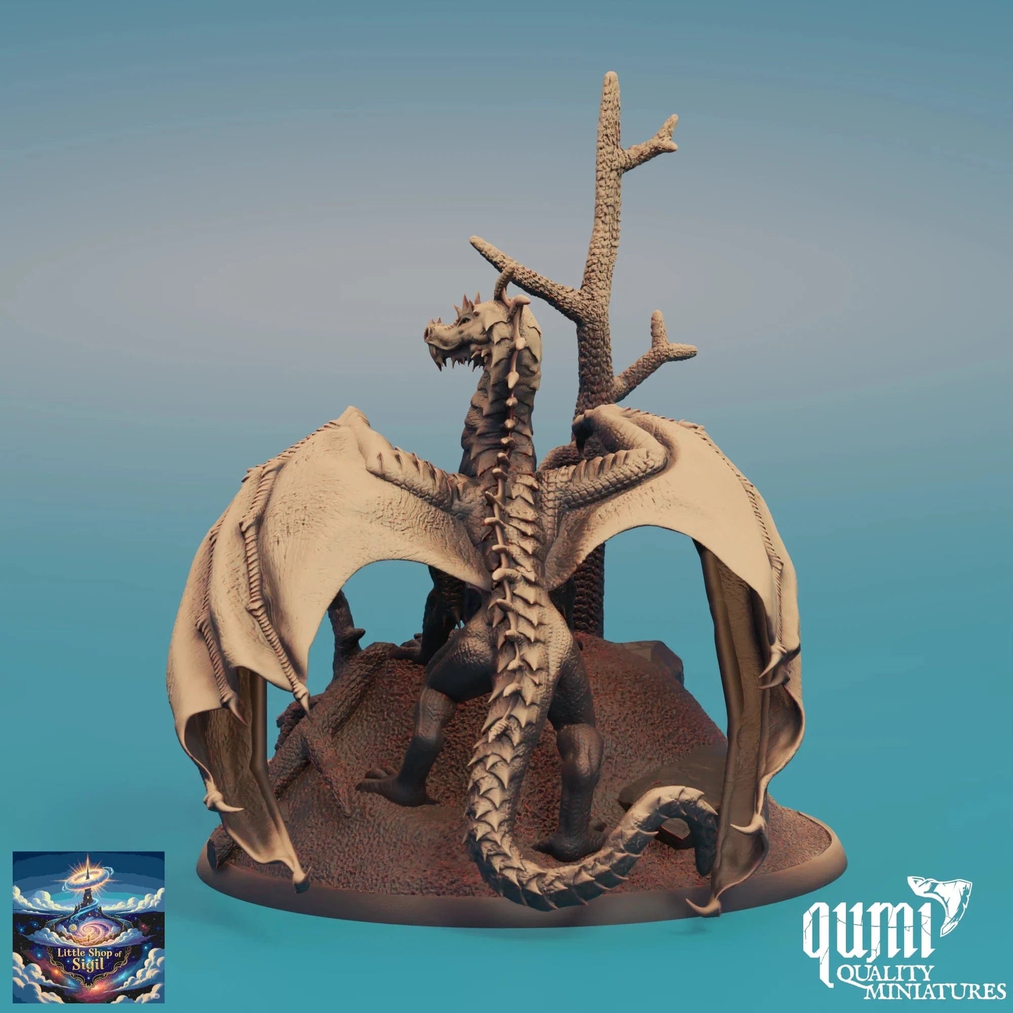 Dragon figurine with a tree-like structure on a blue gradient background, featuring the Qumi Quality Miniatures logo.