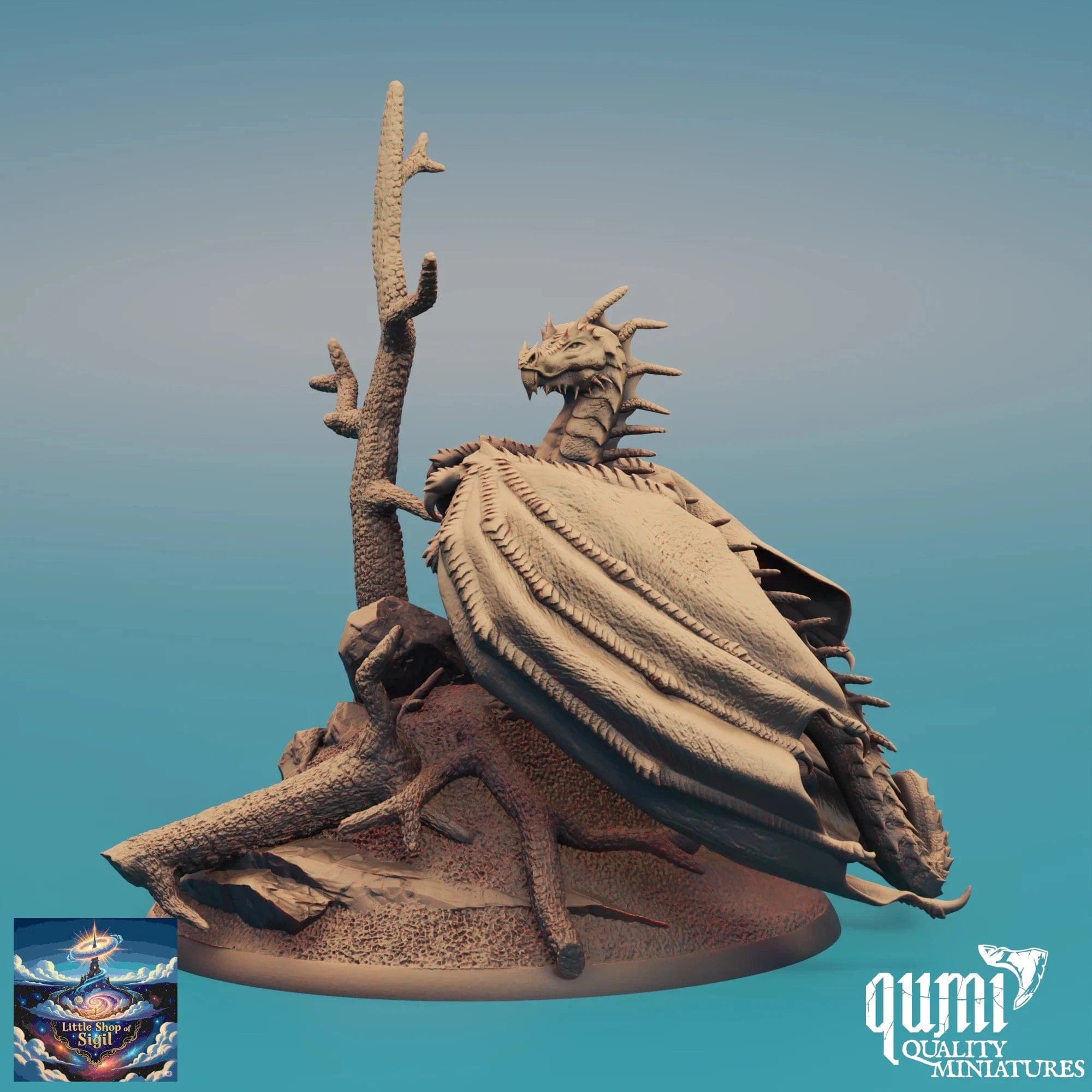 Dragon miniature figurine on a stand with 'qumi Quality Miniatures' branding.