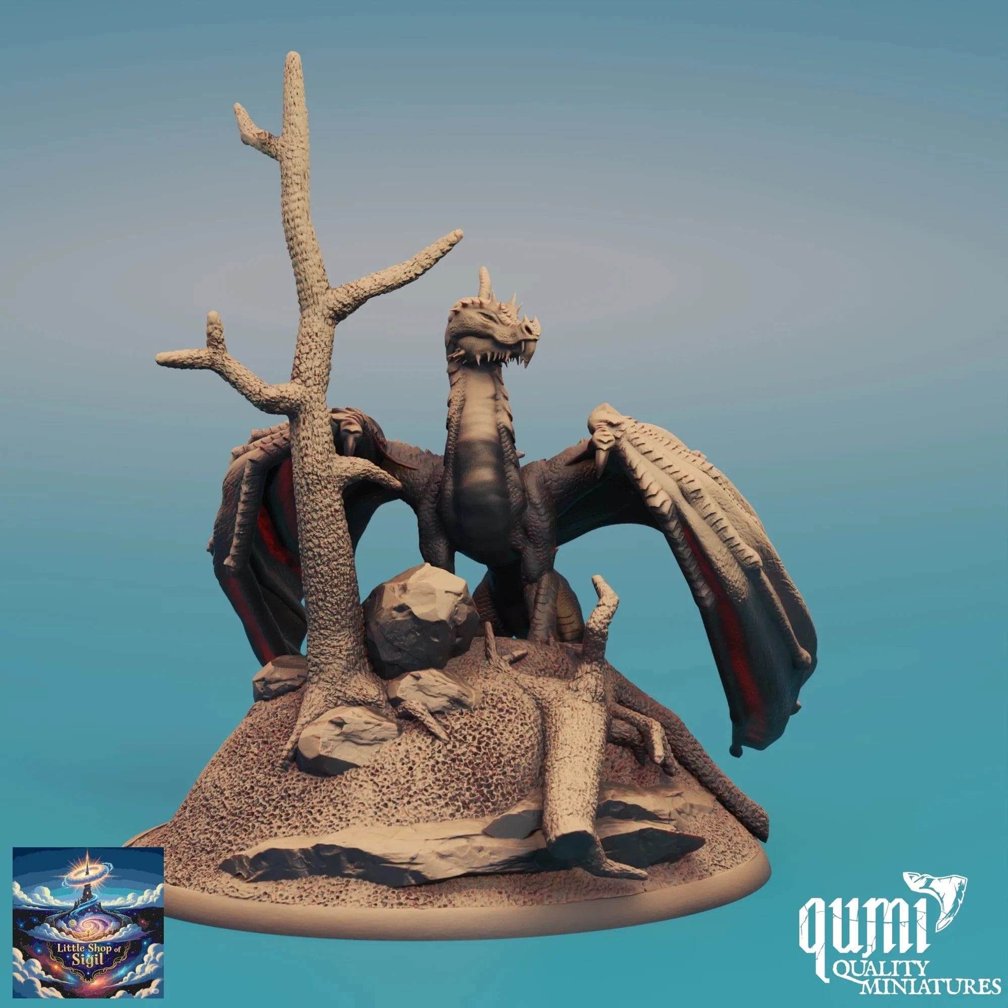 Dragon figurine with a tree on a gradient blue background, featuring the Qumi Quality Miniatures logo.