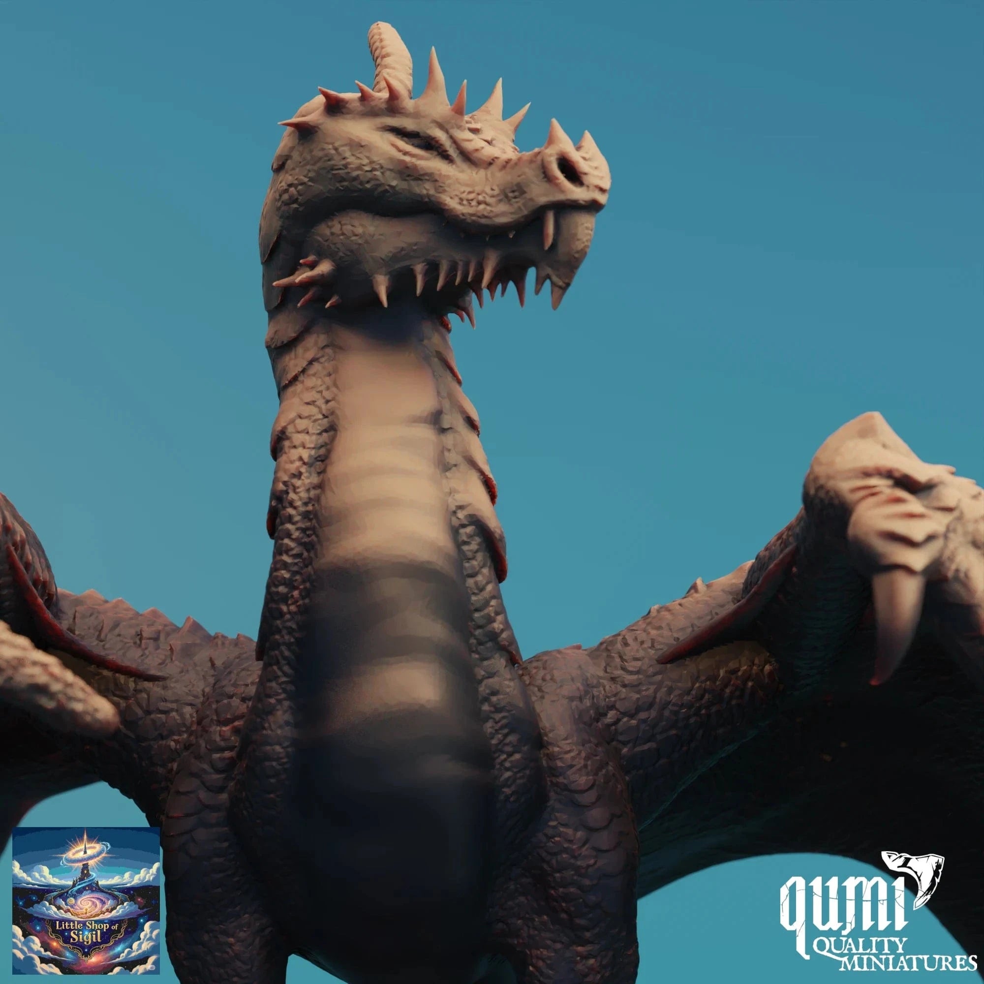 Dragon figurine with 'qumi Quality Miniatures' branding against a blue background