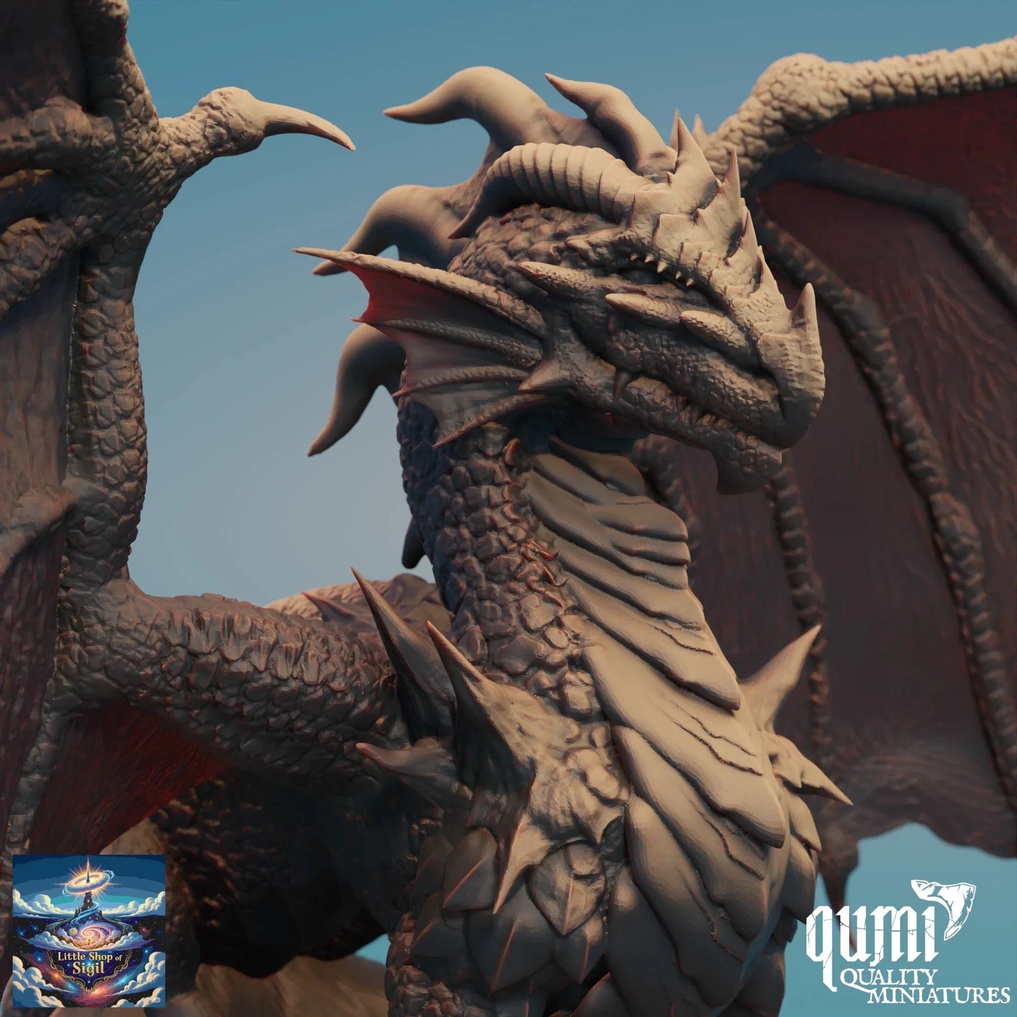 Close-up of a detailed dragon figurine with 'Qumi Quality Miniatures' branding.