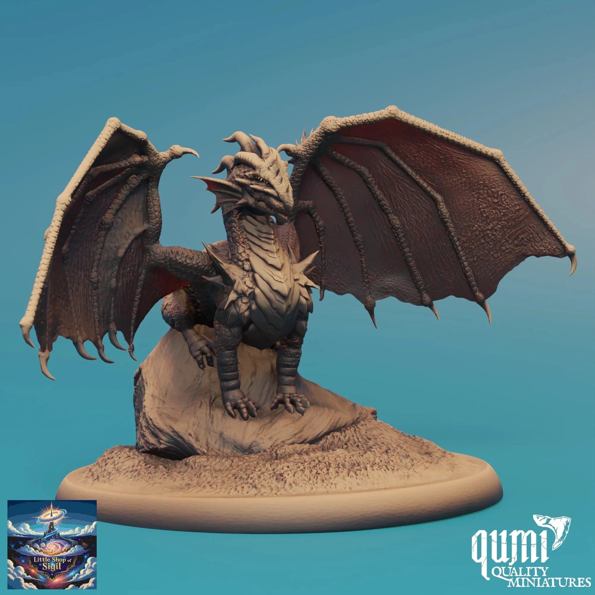 Dragon figurine on a blue background with 'qumi Quality Miniatures' branding.