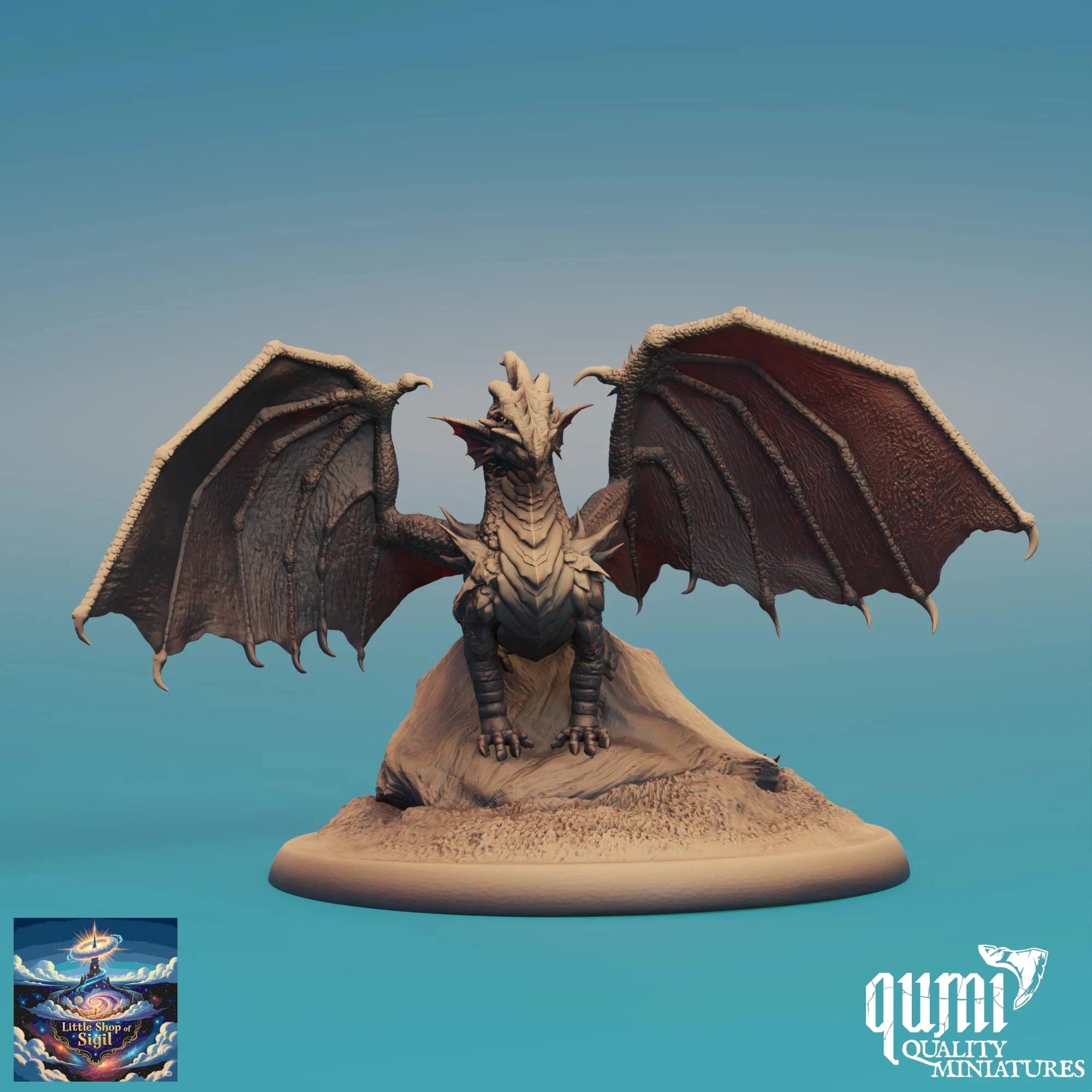 Dragon figurine with open wings on a blue background, featuring the Qumi Quality Miniatures logo.