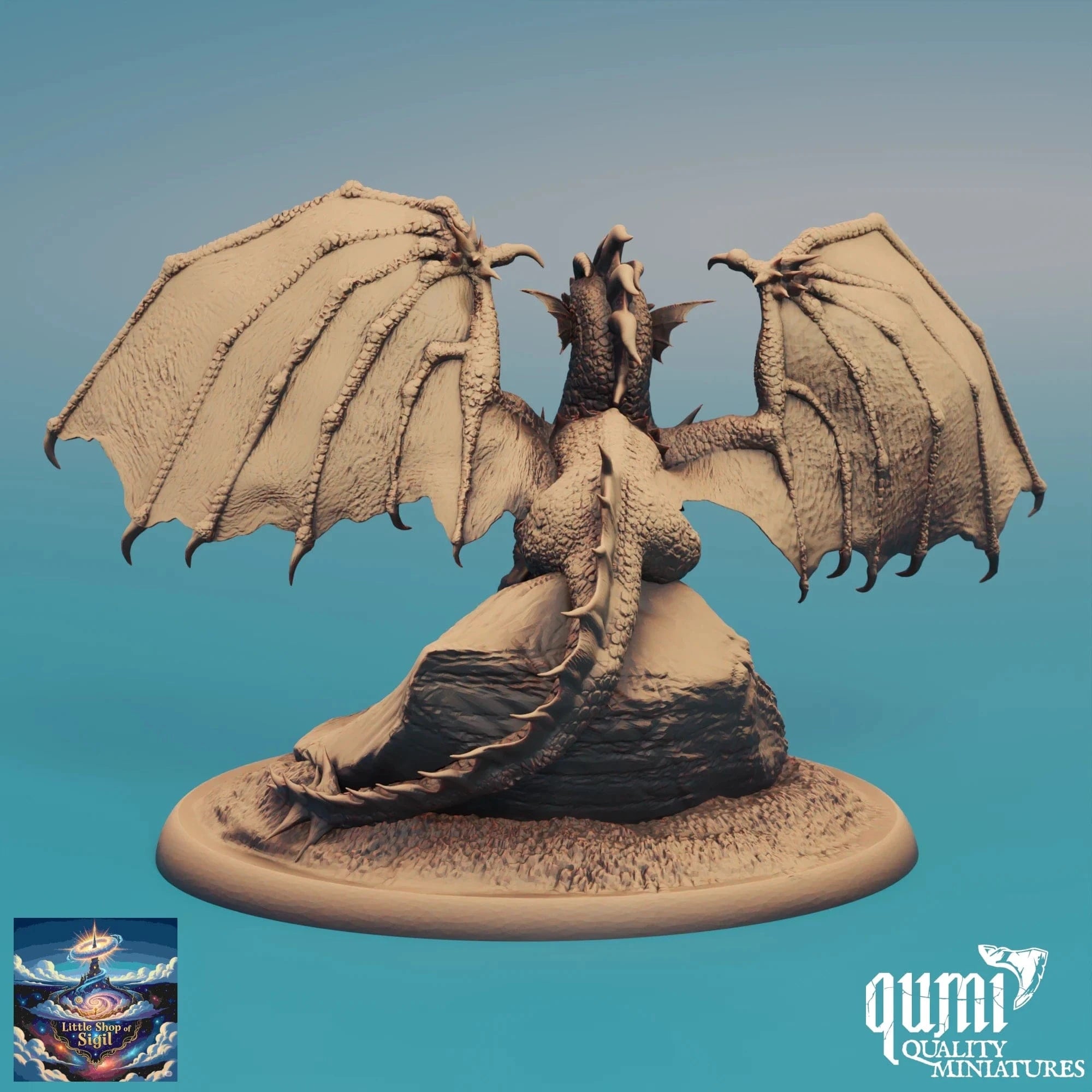 Unpainted dragon miniature on a blue background with 'qumi Quality Miniatures' branding.