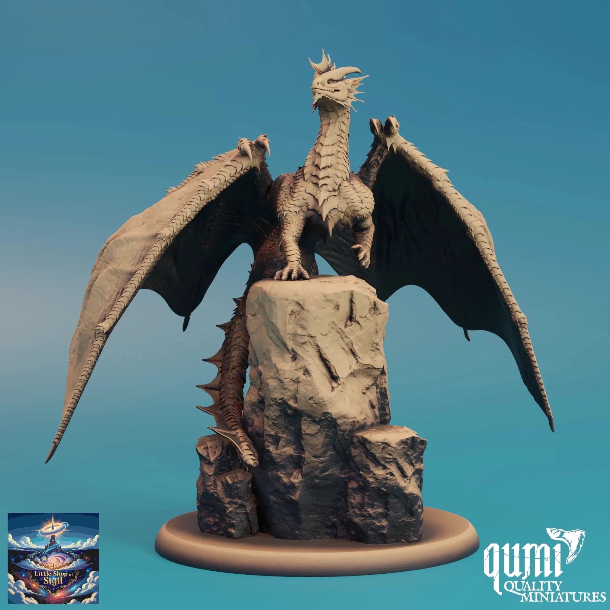 Dragon statue on a rock with 'qumi Quality Miniatures' branding on a blue gradient background