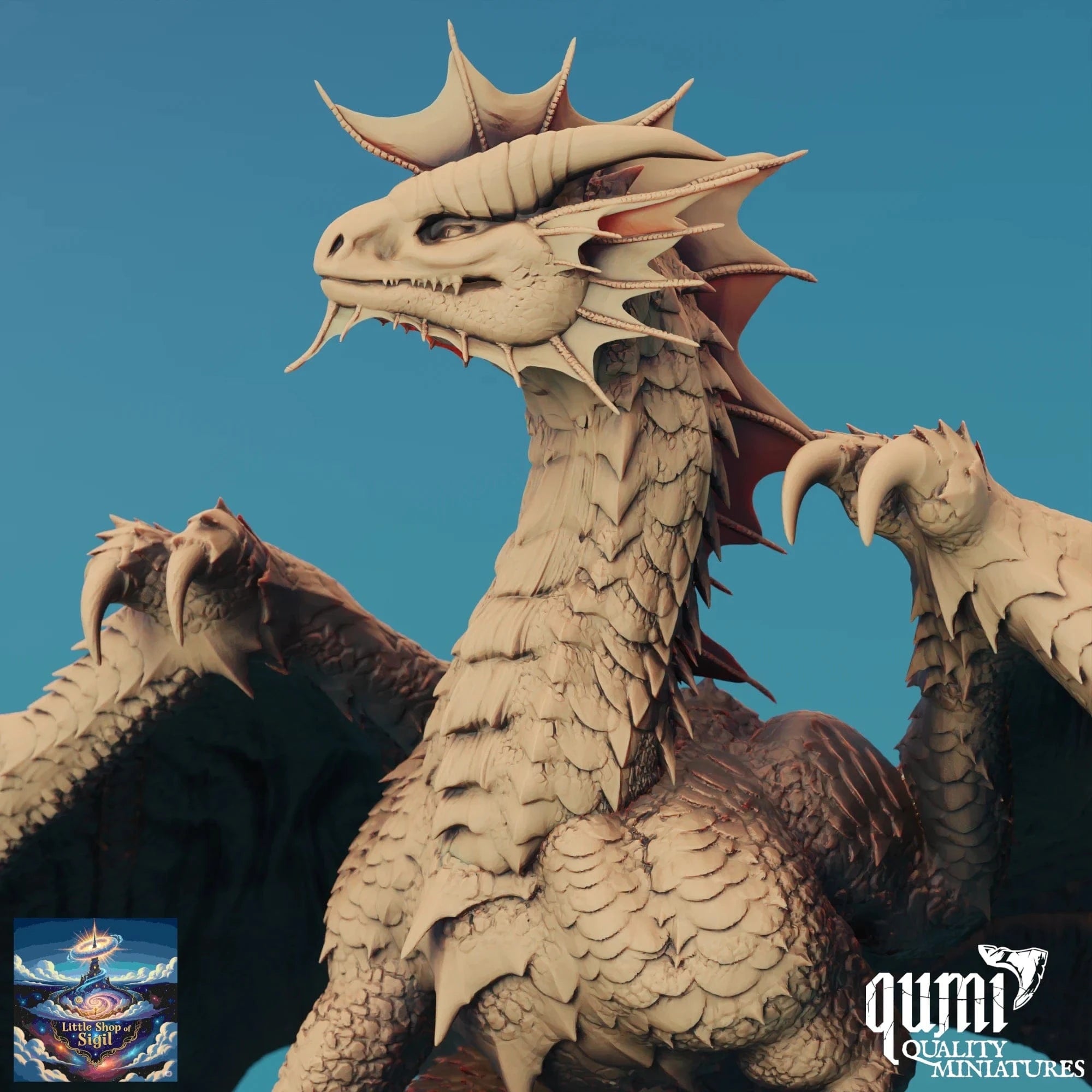 Dragon figurine with detailed scales and wings against a blue background, featuring the Qumi Quality Miniatures logo.