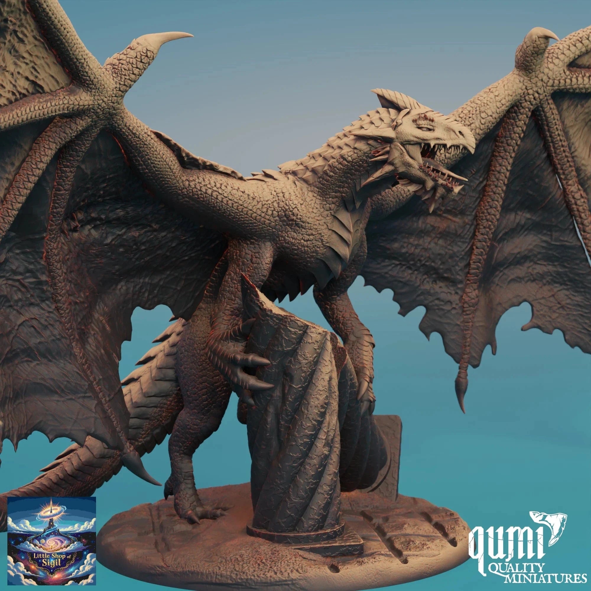Dragon miniature figurine with detailed scales and wings on a blue background, featuring the Qumi Quality Miniatures logo.