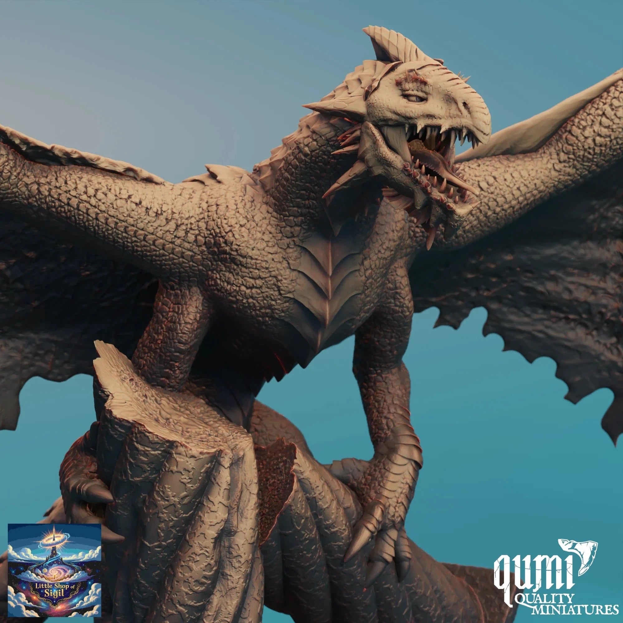  detailed dragon model with 'qumi Quality Miniatures' branding