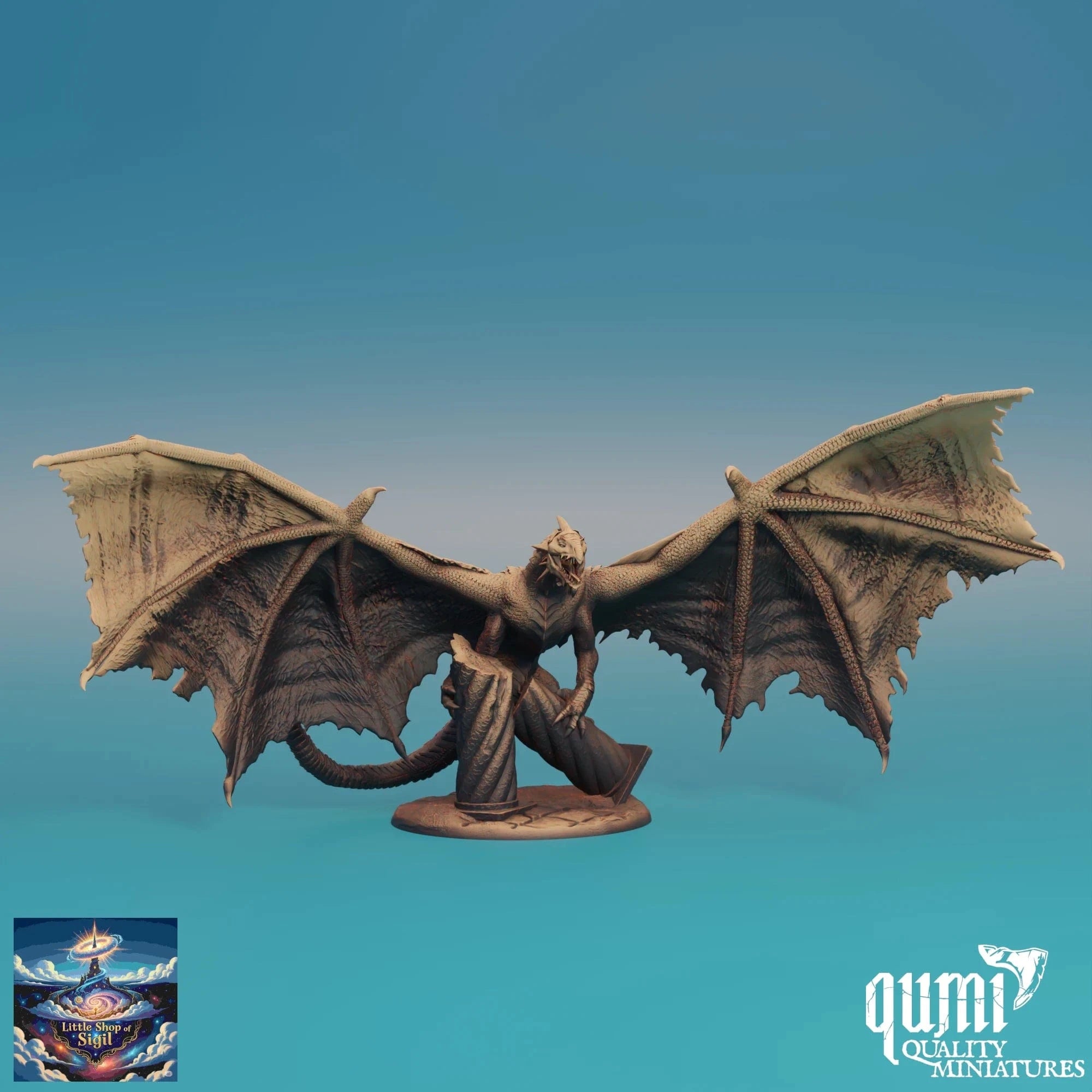 Dragon figurine with open wings on a gradient blue background, featuring the Qumi Quality Miniatures logo.