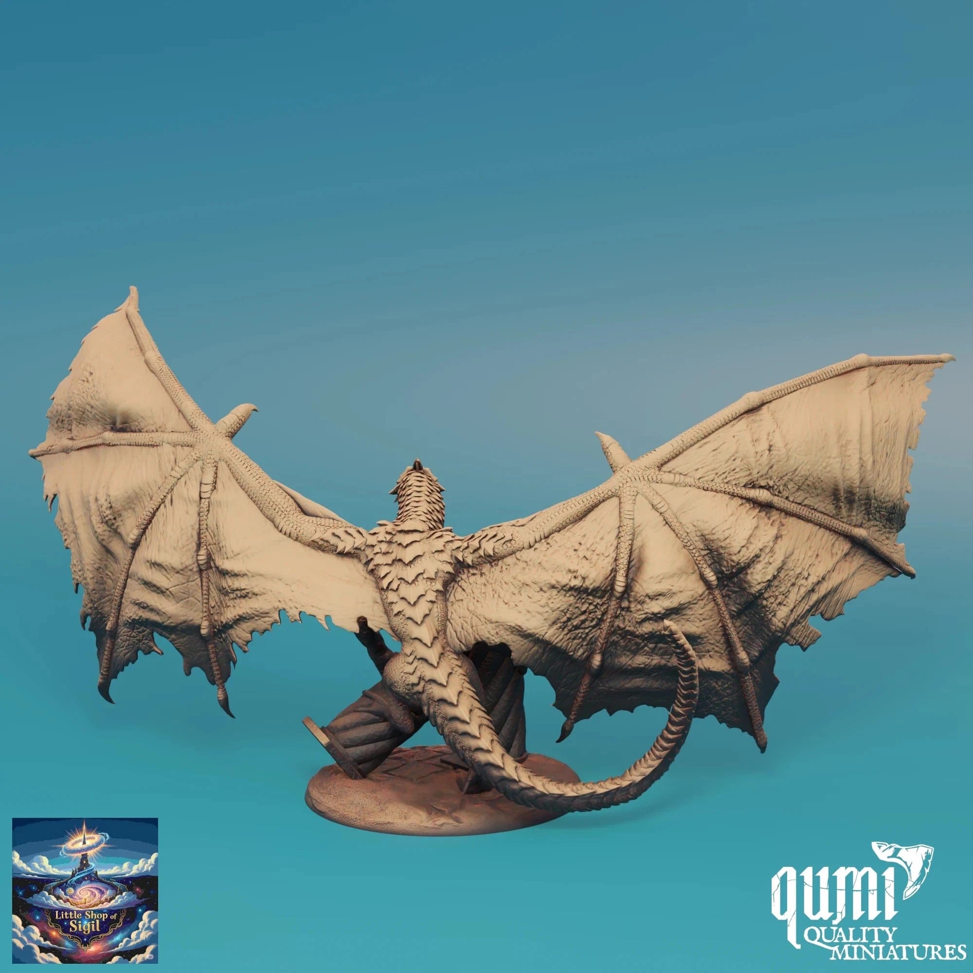 Dragon figurine with open wings on a blue background, featuring the Qumi Quality Miniatures logo.