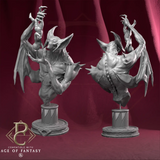 Front and back views of the Dravak Wing of Hunger resin bust featuring a demonic figure holding a child on a pedestal