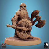 Dwarf warrior in armor aiming a heavy weapon, side view.