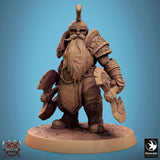 Dwarf warrior standing with a large battle axe across his body.