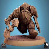 Dwarf warrior holding a heavy weapon, viewed from the side.