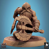Dwarf warrior in a combat stance aiming a heavy weapon forward.
