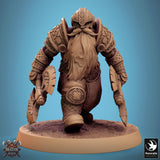 Dwarf warrior aiming a futuristic weapon, front view.