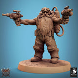 Standing steampunk dwarf miniature with dual pistols, front view