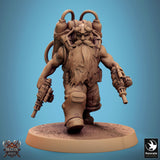 Dwarf steampunk gunslinger miniature walking forward with pistols, front view