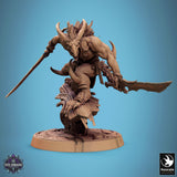 Skorath miniature in a dynamic leap with a sword, front perspective.