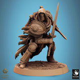 Silent Sentinel fighter miniature posing with a sword and shield