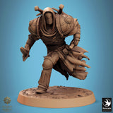 Resin miniature of a hooded fighter in plate armor, running forward with a dagger in his right hand.