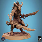Skorath miniature in a dynamic combat pose with a raised sword, front view.
