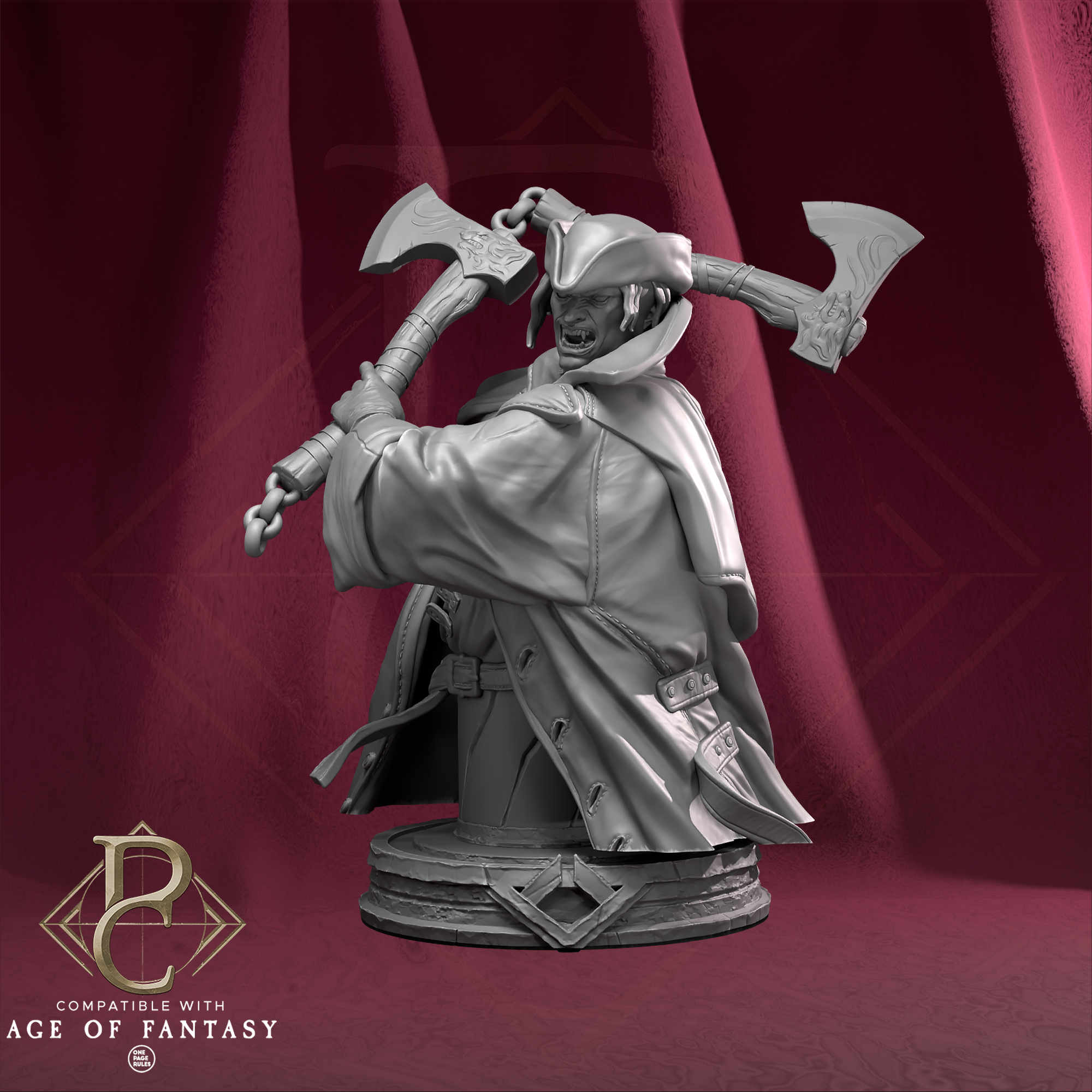 Minature figurine of a character holding two axes on a red background with 'Age of Fantasy' logo.