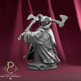 Fantasy bust of a man in a frock coat holding two large axes behind his head.