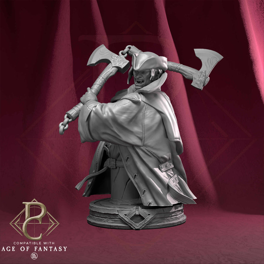 Fantasy bust of a man in a frock coat holding two large axes behind his head.