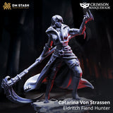 Catarina Von Strassen Hunter miniature in 32mm scale without a mask holding a scythe.