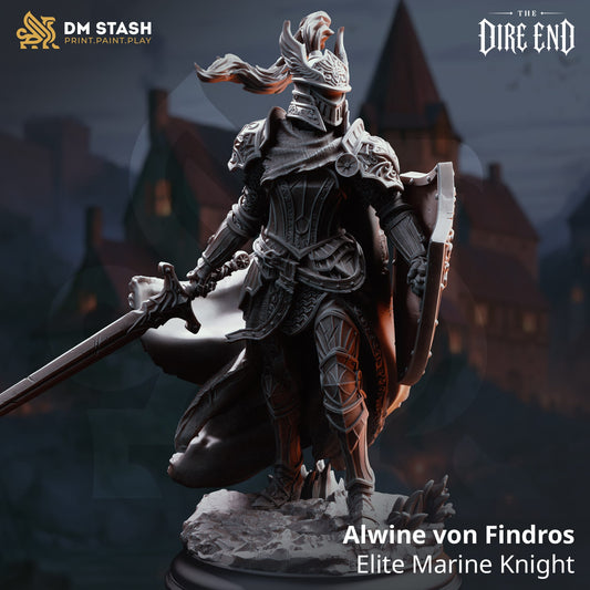 Front view of an elite knight miniature in ornate armor holding a shield and sword.
