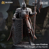 Lars von Findros elite knight miniature standing with a large axe and shield on a decorated round base.
