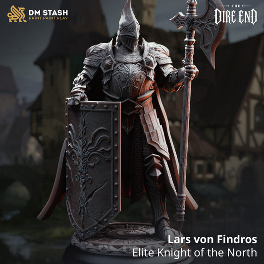 Lars von Findros elite knight miniature standing with a large axe and shield on a decorated round base.