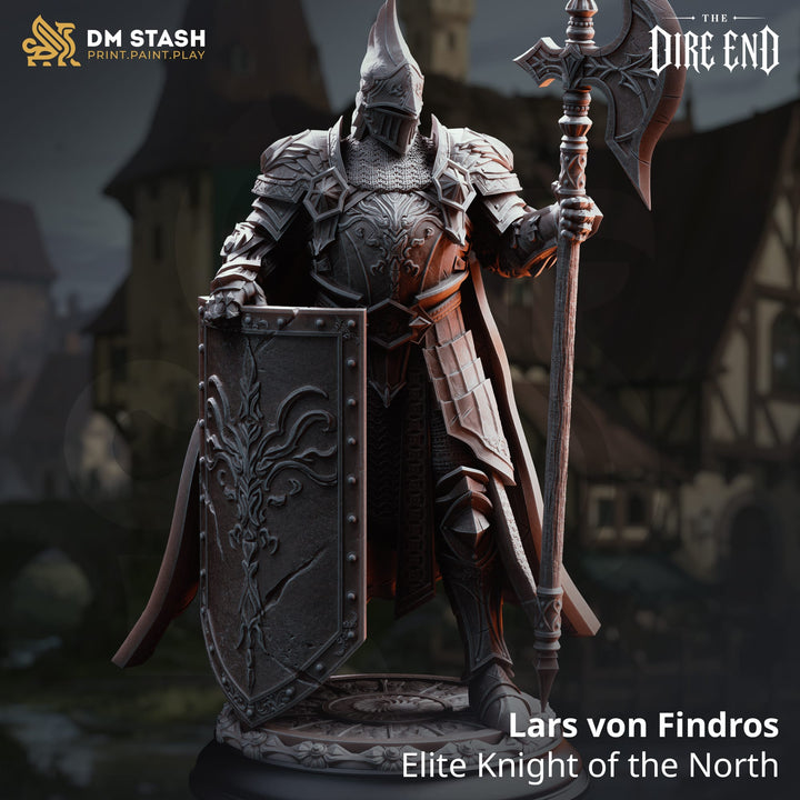 Lars von Findros Elite Ritter Miniatur mit großer Axt und Schild auf einem verzierten Rundbase.