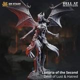 Resin 3D-printed Luxuria devil miniature featuring winged humanoid form with dual-face detail on a stone base.