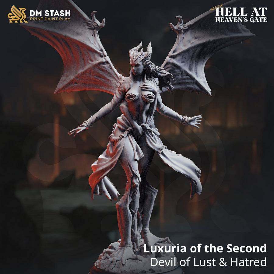 Resin 3D-printed Luxuria devil miniature featuring winged humanoid form with dual-face detail on a stone base.