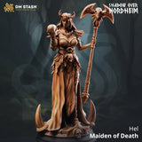 Resin 3D-printed miniature of Hel, Maiden of Death, holding a skull and an ornate polearm axe, standing on a skull base.