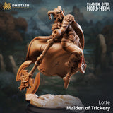 Dynamic resin miniature of Lotte, a Maiden of Trickery character wielding a large battle axe in a leaping pose.