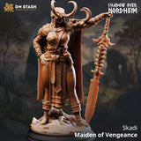 Skadi Maiden of Vengeance fantasy sword fighter miniature made of brown resin standing on a base with a large sword