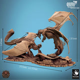 Detailed technical diagram of dragon diorama showing dimensions in millimeters from various angles