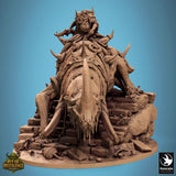 Front view of the monster beast with a rider figure mounted on its back.