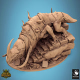 High angle side view of the spiked monster creature posing on stone steps.