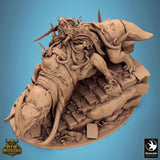 Top down aerial view of the mounted fighter creature miniature in high-quality resin