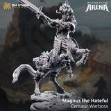 Centaur Warboss Magnus miniature in a dynamic pose holding a large sword, 3D-printed in gray resin