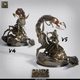 Two variations of a 3D-printed resin giant scorpion miniature with skeletal riders, showing detailed armor and weaponry.