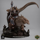Right-side view of the armored Immortal General and his mount atop a rocky terrain base