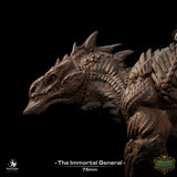 Close-up of the lizard beast head showing detailed scales and textures on the 3D-printed model