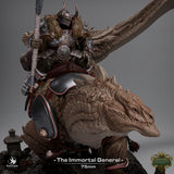 Digital render of an armored general in a horned helmet riding a large textured lizard mount.